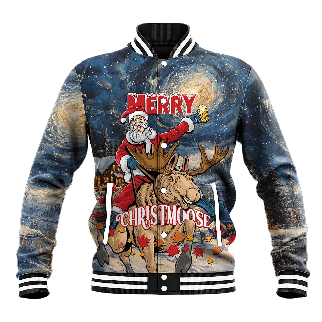 Personalized Merry Christmoose Baseball Jacket Santa Claus Riding Moose Starry Night - Wonder Print Shop