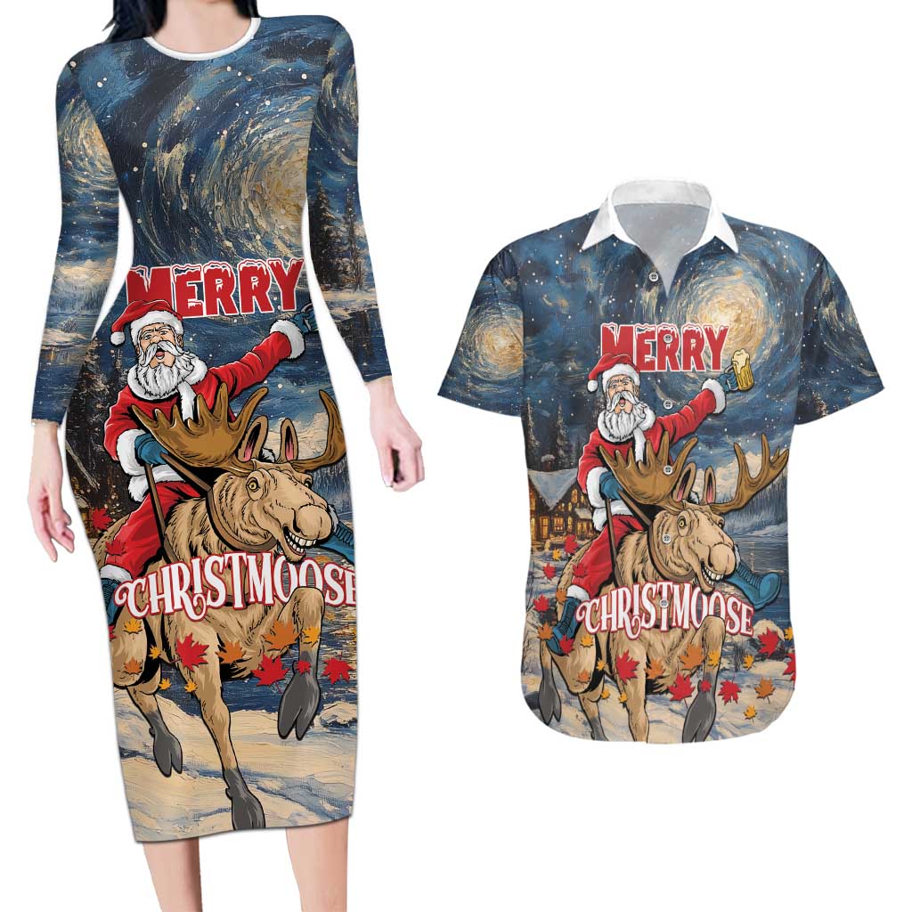 Personalized Merry Christmoose Couples Matching Long Sleeve Bodycon Dress and Hawaiian Shirt Santa Claus Riding Moose Starry Night - Wonder Print Shop