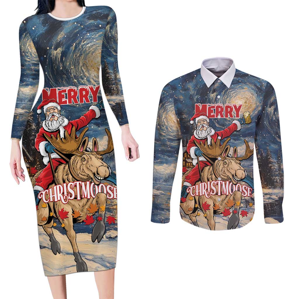 Personalized Merry Christmoose Couples Matching Long Sleeve Bodycon Dress and Long Sleeve Button Shirt Santa Claus Riding Moose Starry Night - Wonder Print Shop