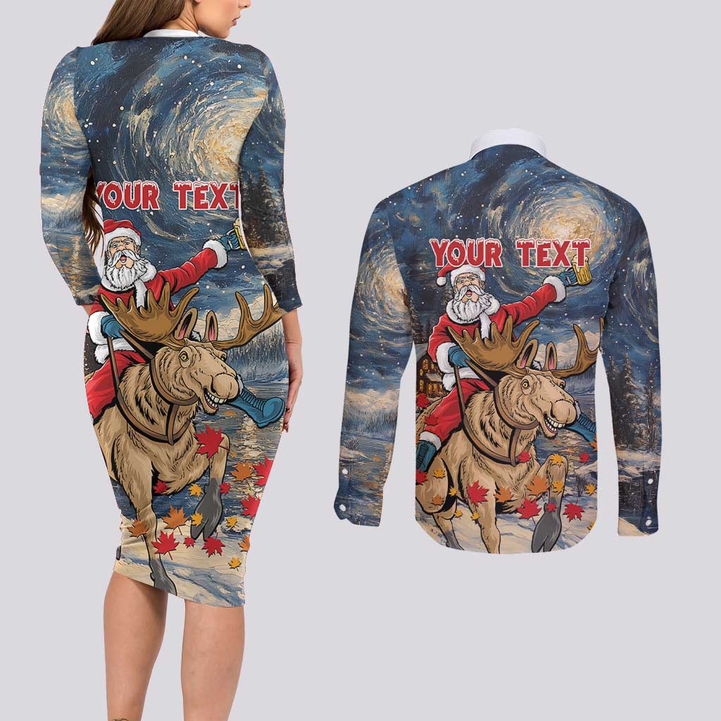 Personalized Merry Christmoose Couples Matching Long Sleeve Bodycon Dress and Long Sleeve Button Shirt Santa Claus Riding Moose Starry Night - Wonder Print Shop