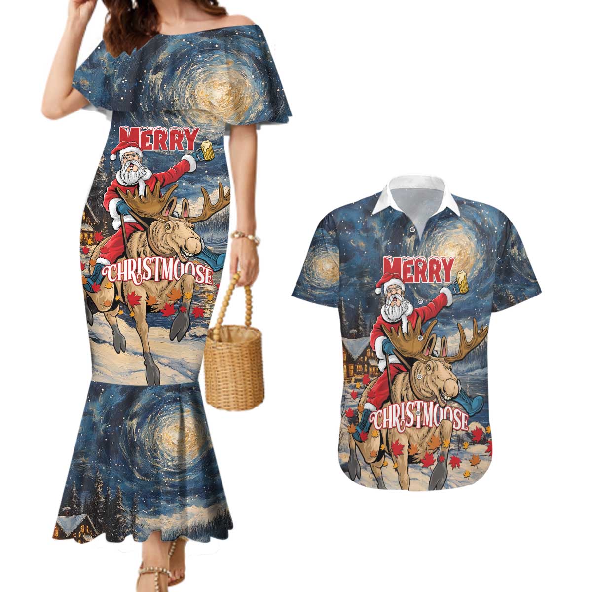 Personalized Merry Christmoose Couples Matching Mermaid Dress and Hawaiian Shirt Santa Claus Riding Moose Starry Night - Wonder Print Shop