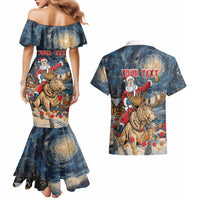 Personalized Merry Christmoose Couples Matching Mermaid Dress and Hawaiian Shirt Santa Claus Riding Moose Starry Night - Wonder Print Shop