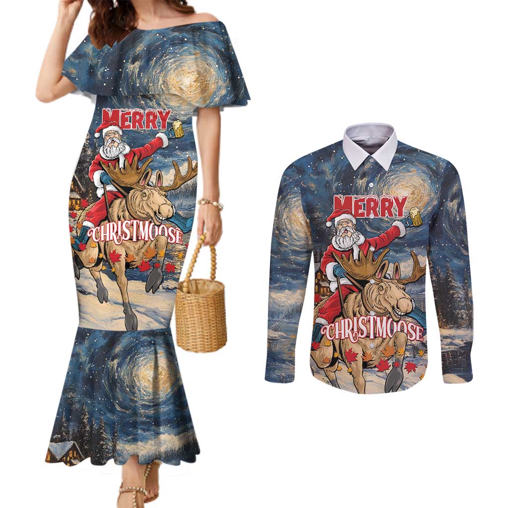 Personalized Merry Christmoose Couples Matching Mermaid Dress and Long Sleeve Button Shirt Santa Claus Riding Moose Starry Night