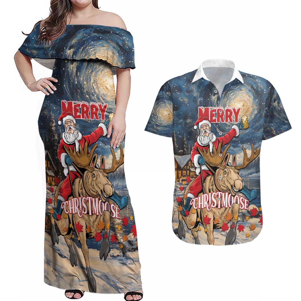 Personalized Merry Christmoose Couples Matching Off Shoulder Maxi Dress and Hawaiian Shirt Santa Claus Riding Moose Starry Night - Wonder Print Shop