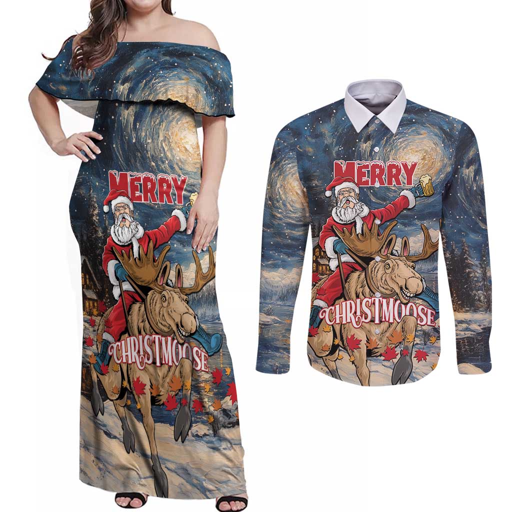 Personalized Merry Christmoose Couples Matching Off Shoulder Maxi Dress and Long Sleeve Button Shirt Santa Claus Riding Moose Starry Night - Wonder Print Shop