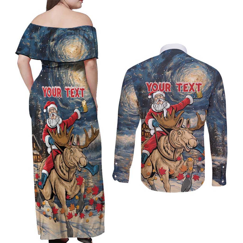 Personalized Merry Christmoose Couples Matching Off Shoulder Maxi Dress and Long Sleeve Button Shirt Santa Claus Riding Moose Starry Night - Wonder Print Shop