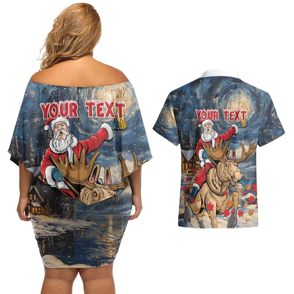 Personalized Merry Christmoose Couples Matching Off Shoulder Short Dress and Hawaiian Shirt Santa Claus Riding Moose Starry Night - Wonder Print Shop