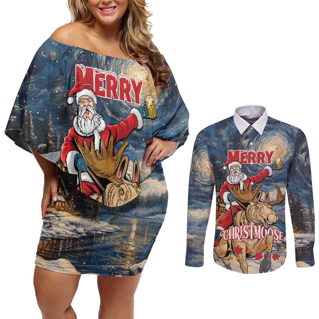 Personalized Merry Christmoose Couples Matching Off Shoulder Short Dress and Long Sleeve Button Shirt Santa Claus Riding Moose Starry Night - Wonder Print Shop