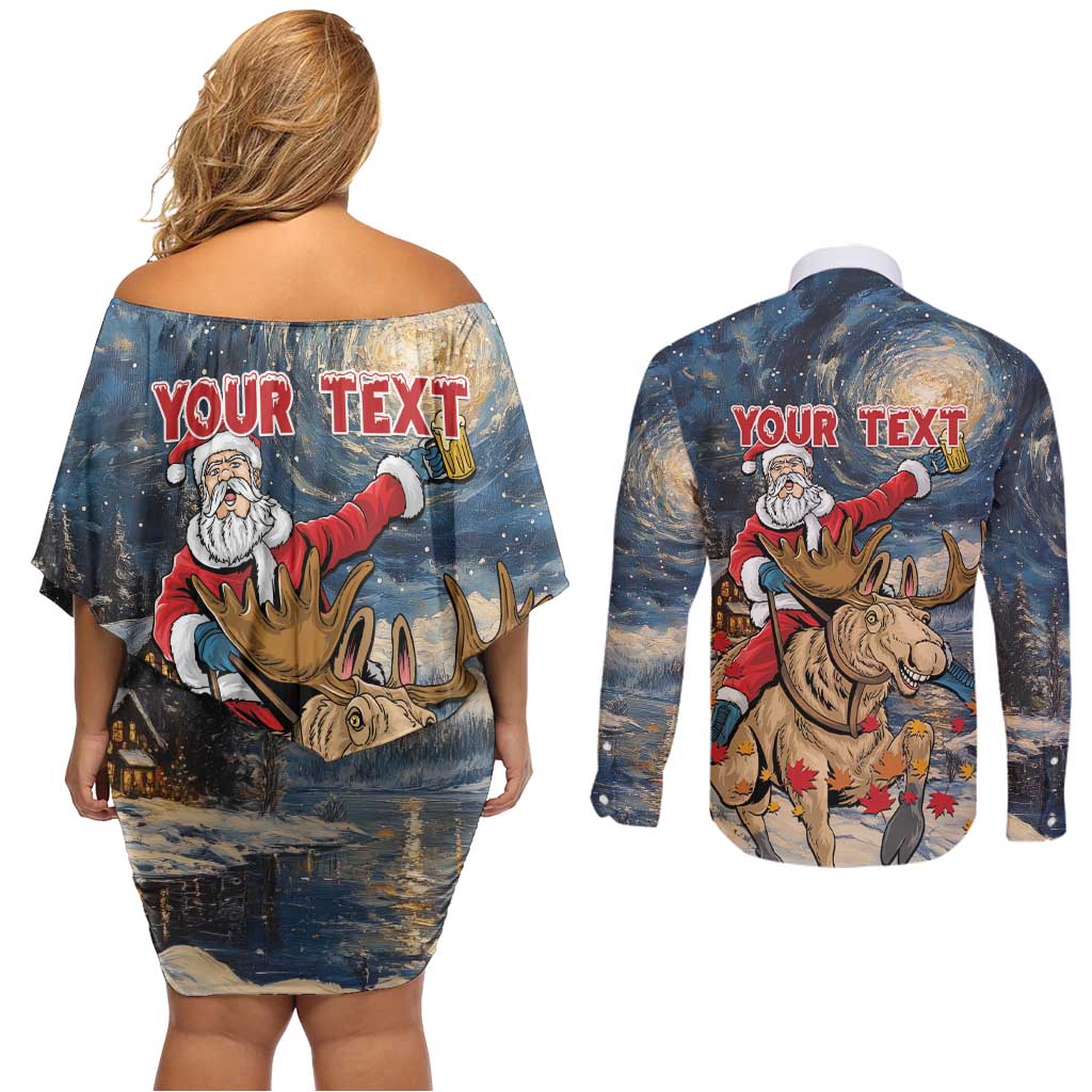 Personalized Merry Christmoose Couples Matching Off Shoulder Short Dress and Long Sleeve Button Shirt Santa Claus Riding Moose Starry Night - Wonder Print Shop