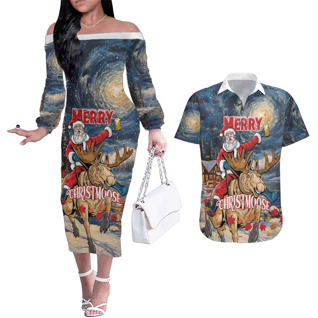 Personalized Merry Christmoose Couples Matching Off The Shoulder Long Sleeve Dress and Hawaiian Shirt Santa Claus Riding Moose Starry Night - Wonder Print Shop