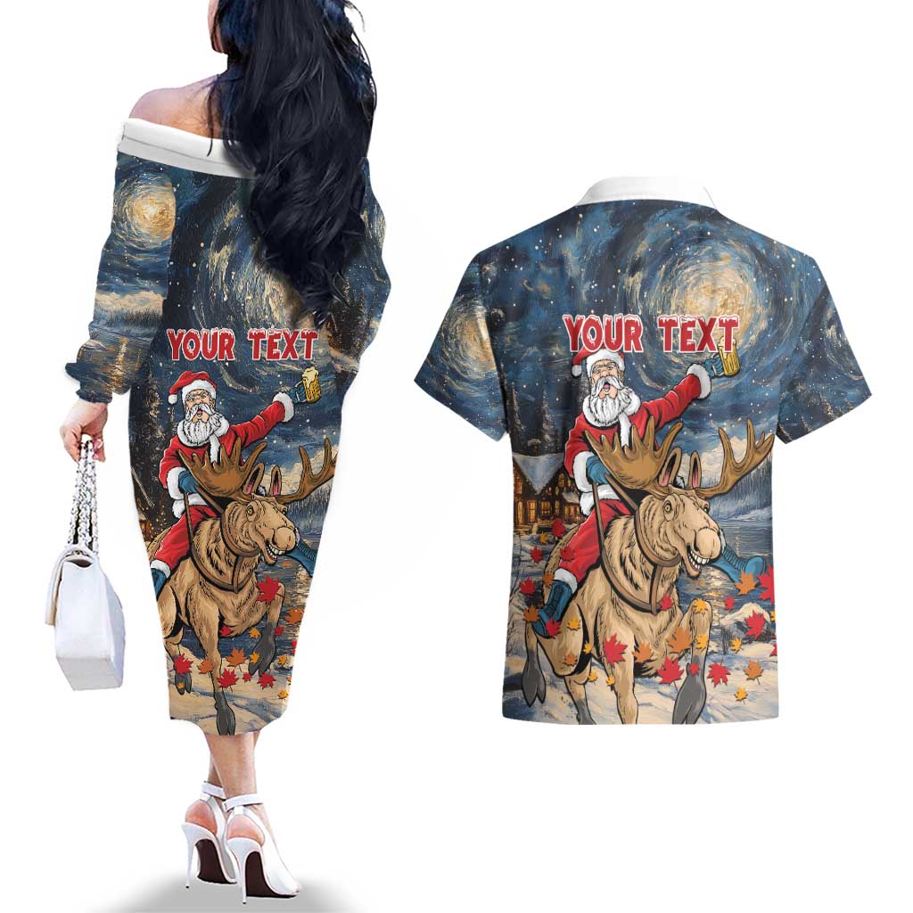 Personalized Merry Christmoose Couples Matching Off The Shoulder Long Sleeve Dress and Hawaiian Shirt Santa Claus Riding Moose Starry Night - Wonder Print Shop