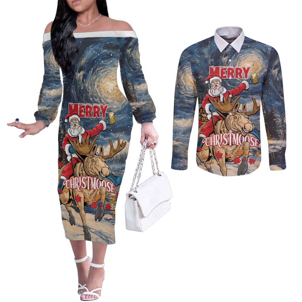 Personalized Merry Christmoose Couples Matching Off The Shoulder Long Sleeve Dress and Long Sleeve Button Shirt Santa Claus Riding Moose Starry Night
