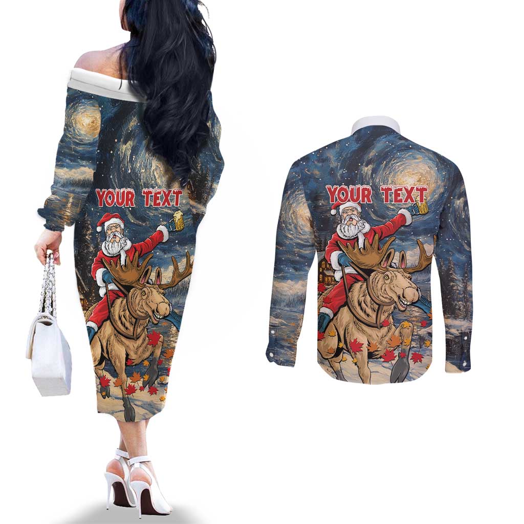 Personalized Merry Christmoose Couples Matching Off The Shoulder Long Sleeve Dress and Long Sleeve Button Shirt Santa Claus Riding Moose Starry Night
