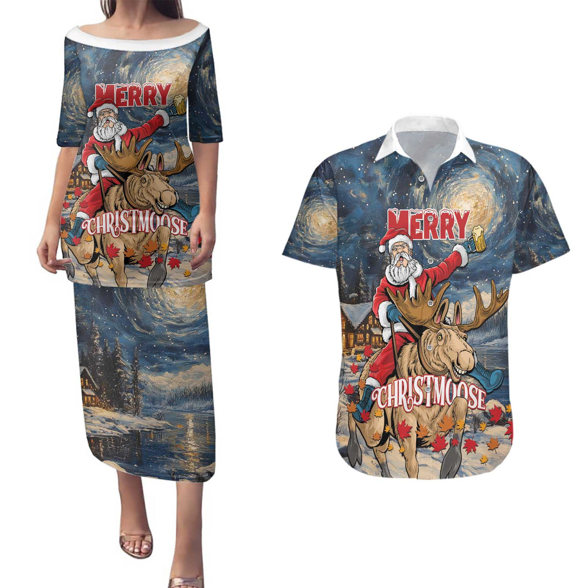 Personalized Merry Christmoose Couples Matching Puletasi and Hawaiian Shirt Santa Claus Riding Moose Starry Night - Wonder Print Shop