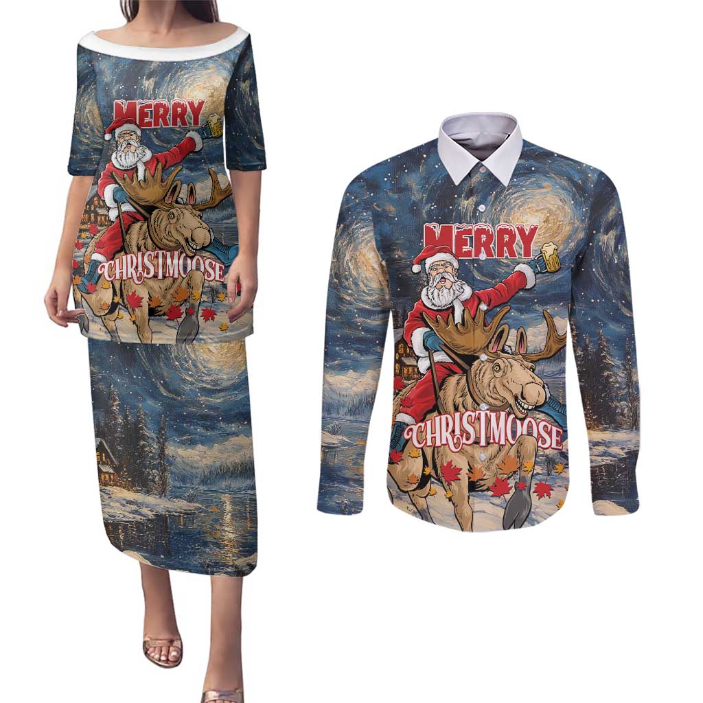 Personalized Merry Christmoose Couples Matching Puletasi and Long Sleeve Button Shirt Santa Claus Riding Moose Starry Night - Wonder Print Shop