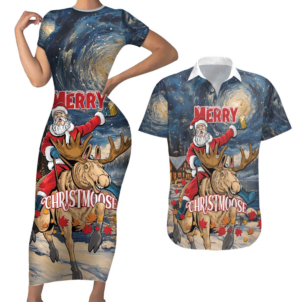 Personalized Merry Christmoose Couples Matching Short Sleeve Bodycon Dress and Hawaiian Shirt Santa Claus Riding Moose Starry Night - Wonder Print Shop