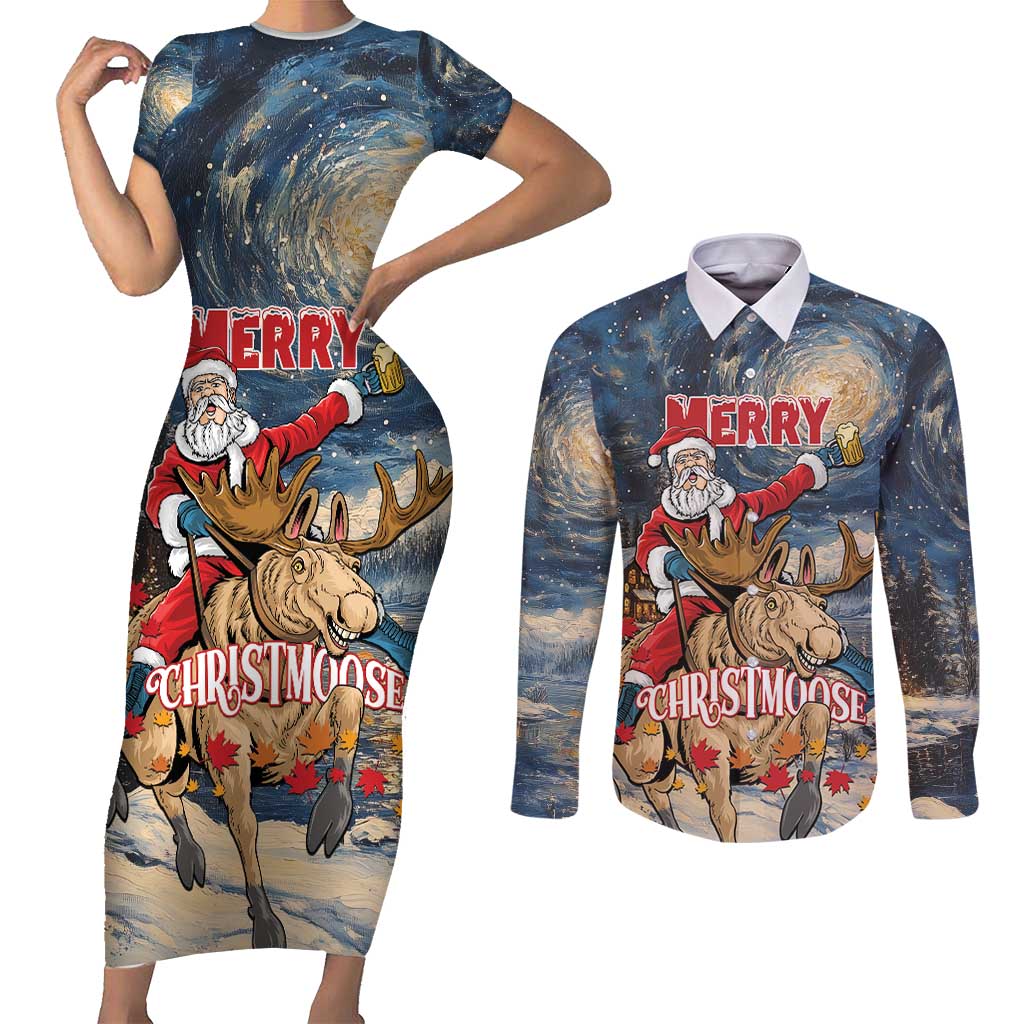 Personalized Merry Christmoose Couples Matching Short Sleeve Bodycon Dress and Long Sleeve Button Shirt Santa Claus Riding Moose Starry Night - Wonder Print Shop