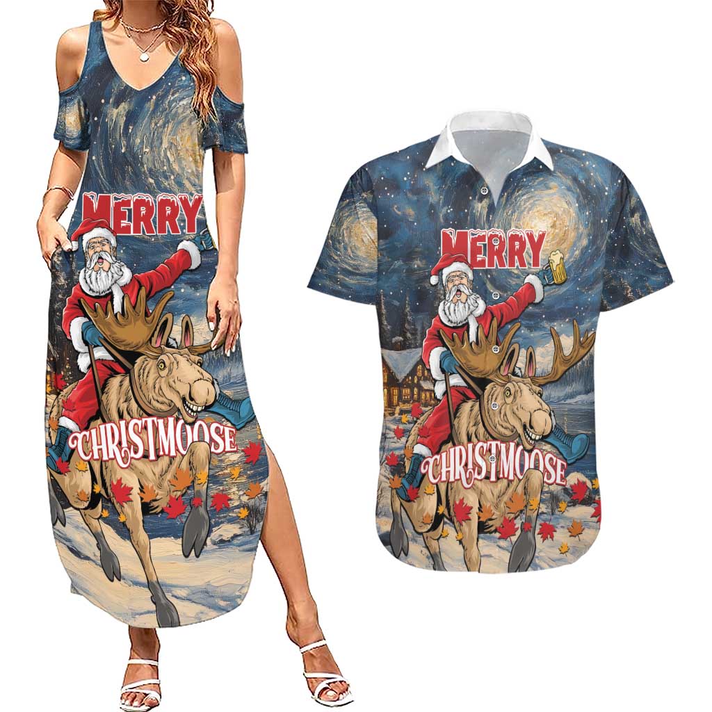 Personalized Merry Christmoose Couples Matching Summer Maxi Dress and Hawaiian Shirt Santa Claus Riding Moose Starry Night - Wonder Print Shop