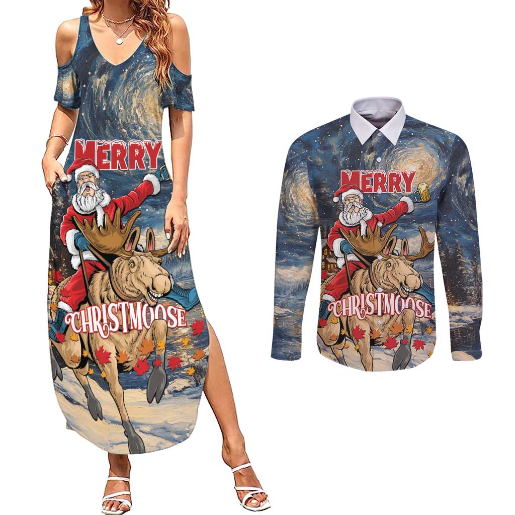 Personalized Merry Christmoose Couples Matching Summer Maxi Dress and Long Sleeve Button Shirt Santa Claus Riding Moose Starry Night - Wonder Print Shop
