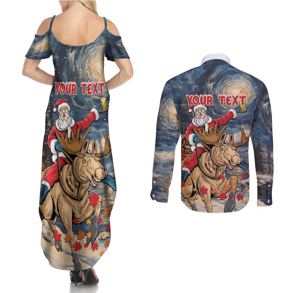 Personalized Merry Christmoose Couples Matching Summer Maxi Dress and Long Sleeve Button Shirt Santa Claus Riding Moose Starry Night - Wonder Print Shop