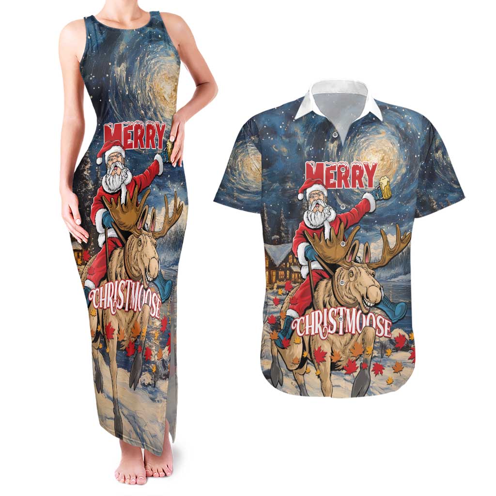 Personalized Merry Christmoose Couples Matching Tank Maxi Dress and Hawaiian Shirt Santa Claus Riding Moose Starry Night - Wonder Print Shop
