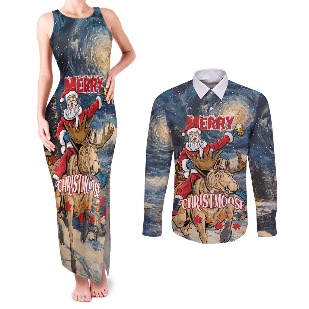 Personalized Merry Christmoose Couples Matching Tank Maxi Dress and Long Sleeve Button Shirt Santa Claus Riding Moose Starry Night - Wonder Print Shop