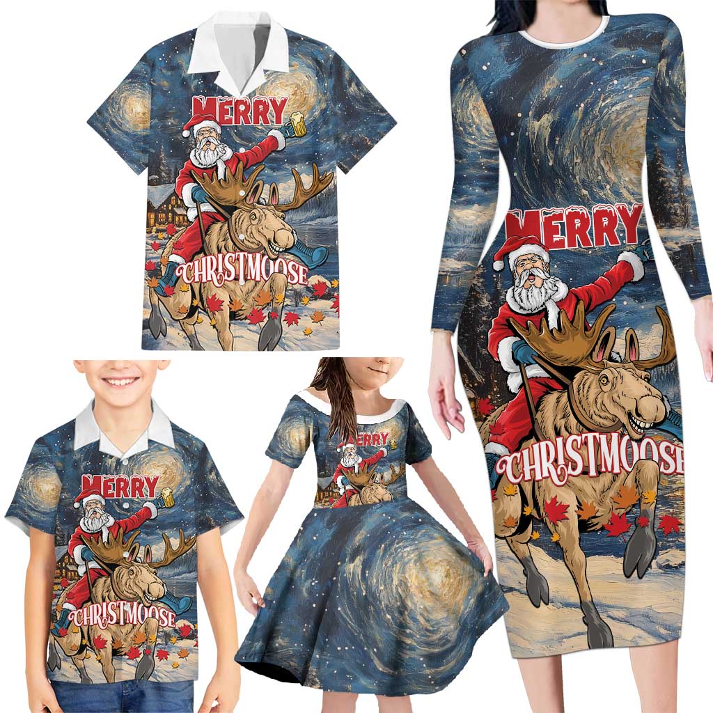 Personalized Merry Christmoose Family Matching Long Sleeve Bodycon Dress and Hawaiian Shirt Santa Claus Riding Moose Starry Night - Wonder Print Shop