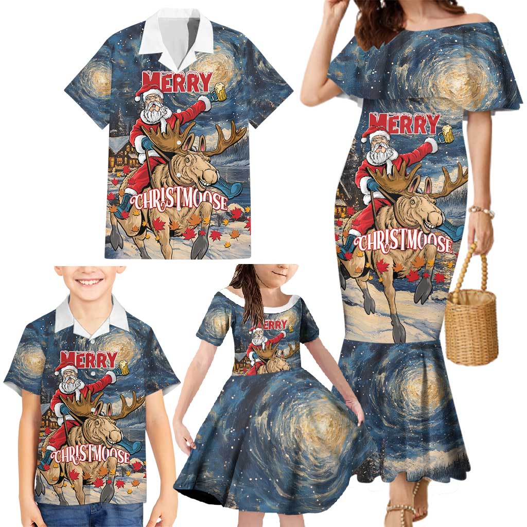 Personalized Merry Christmoose Family Matching Mermaid Dress and Hawaiian Shirt Santa Claus Riding Moose Starry Night - Wonder Print Shop