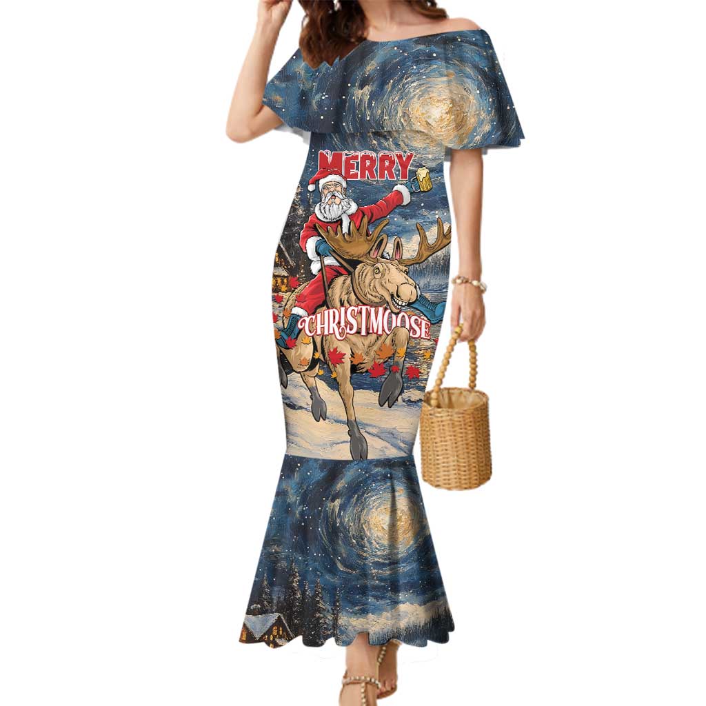 Personalized Merry Christmoose Family Matching Mermaid Dress and Hawaiian Shirt Santa Claus Riding Moose Starry Night - Wonder Print Shop