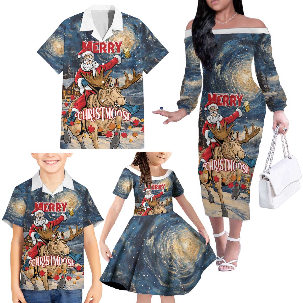 Personalized Merry Christmoose Family Matching Off The Shoulder Long Sleeve Dress and Hawaiian Shirt Santa Claus Riding Moose Starry Night - Wonder Print Shop