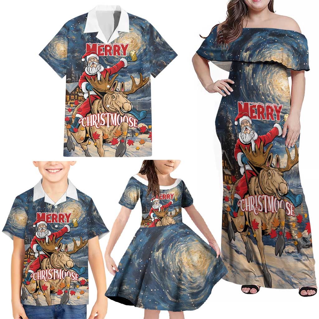 Personalized Merry Christmoose Family Matching Off Shoulder Maxi Dress and Hawaiian Shirt Santa Claus Riding Moose Starry Night - Wonder Print Shop