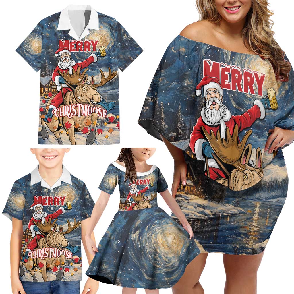 Personalized Merry Christmoose Family Matching Off Shoulder Short Dress and Hawaiian Shirt Santa Claus Riding Moose Starry Night - Wonder Print Shop