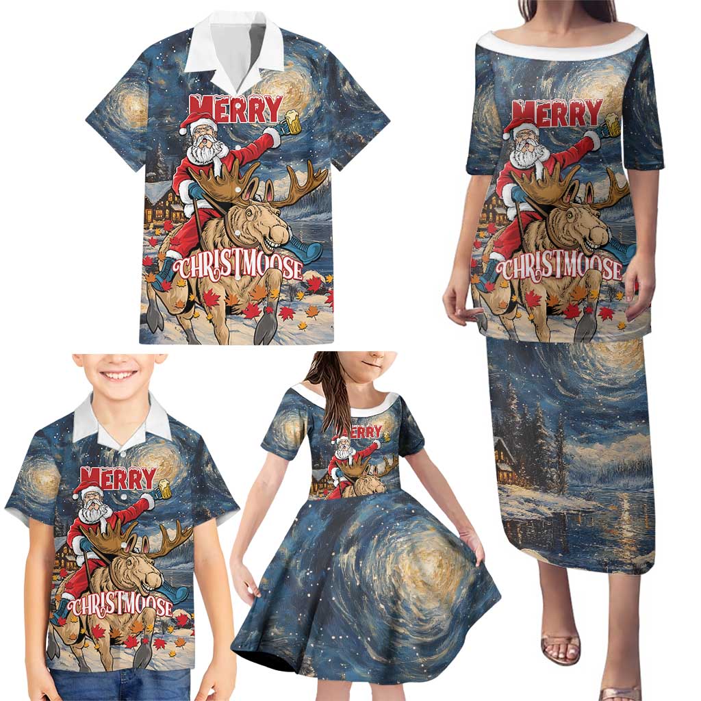 Personalized Merry Christmoose Family Matching Puletasi and Hawaiian Shirt Santa Claus Riding Moose Starry Night - Wonder Print Shop