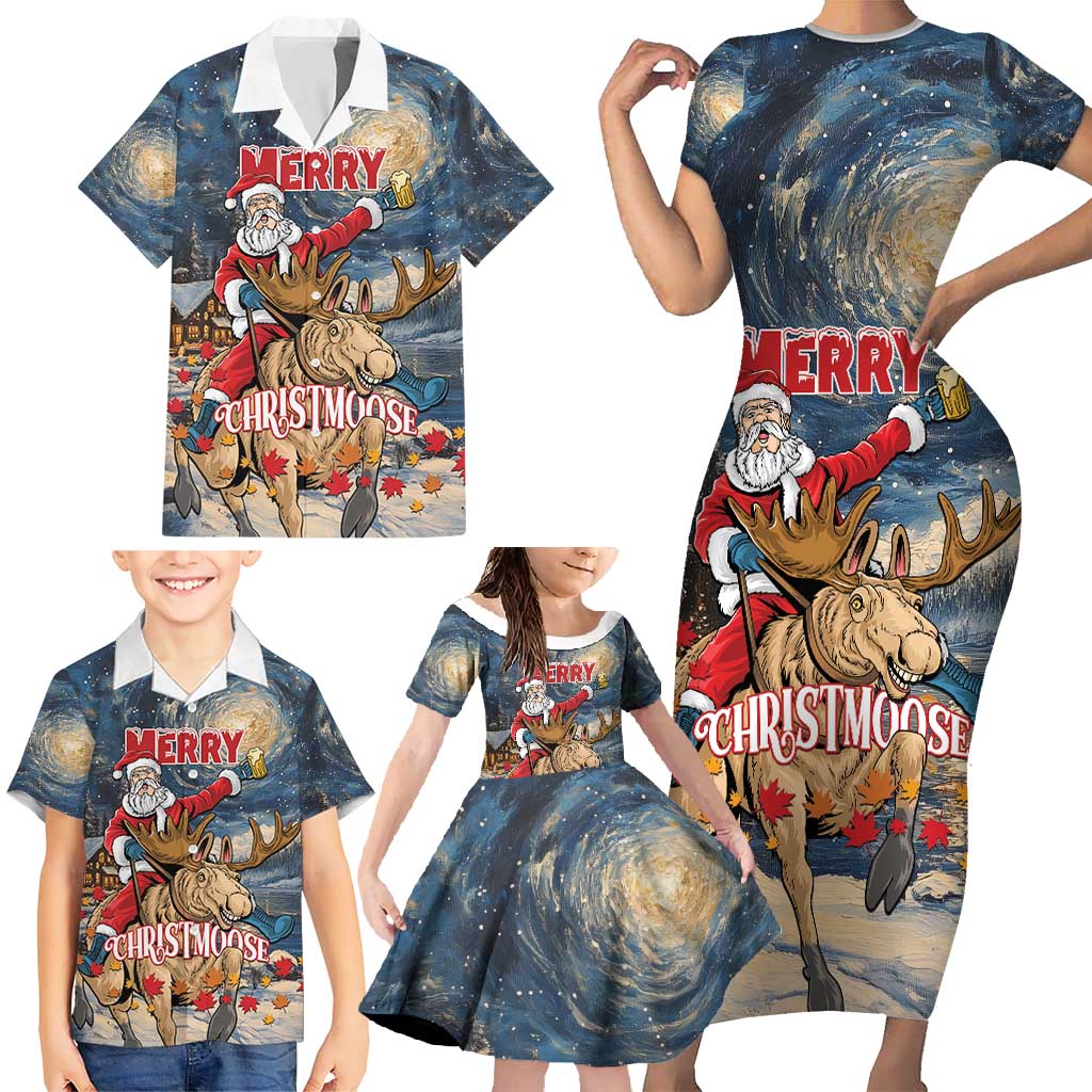 Personalized Merry Christmoose Family Matching Short Sleeve Bodycon Dress and Hawaiian Shirt Santa Claus Riding Moose Starry Night - Wonder Print Shop