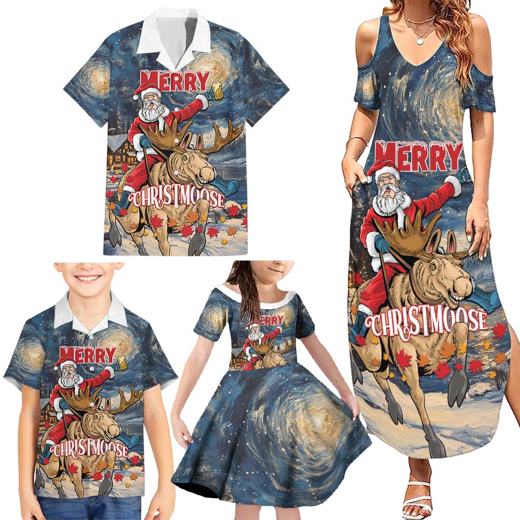 Personalized Merry Christmoose Family Matching Summer Maxi Dress and Hawaiian Shirt Santa Claus Riding Moose Starry Night - Wonder Print Shop