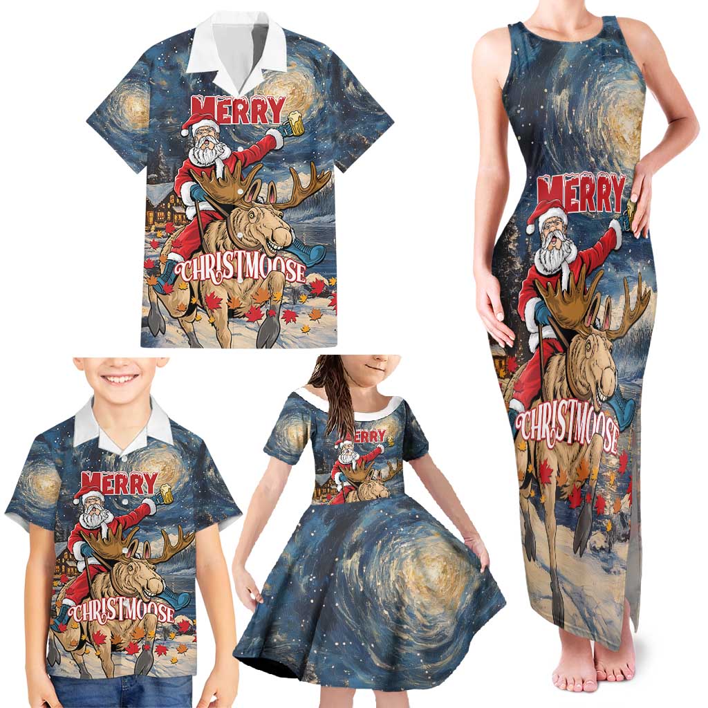 Personalized Merry Christmoose Family Matching Tank Maxi Dress and Hawaiian Shirt Santa Claus Riding Moose Starry Night - Wonder Print Shop