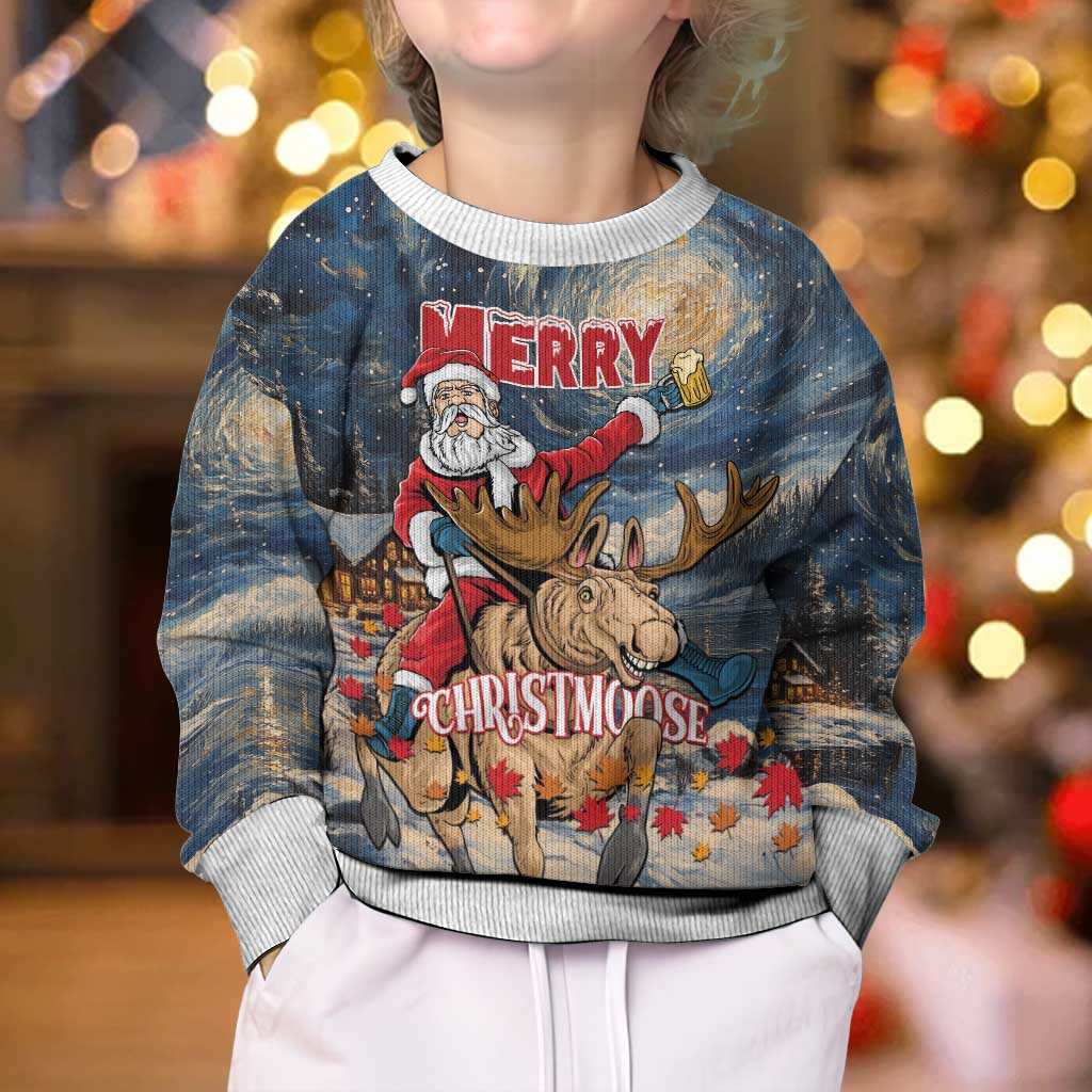 Merry Christmoose Kid Ugly Christmas Sweater Santa Claus Riding Moose Starry Night - Wonder Print Shop