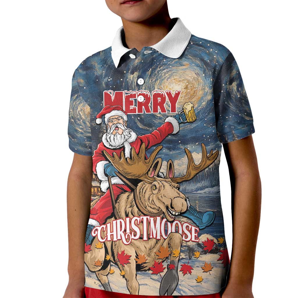 Personalized Merry Christmoose Kid Polo Shirt Santa Claus Riding Moose Starry Night - Wonder Print Shop