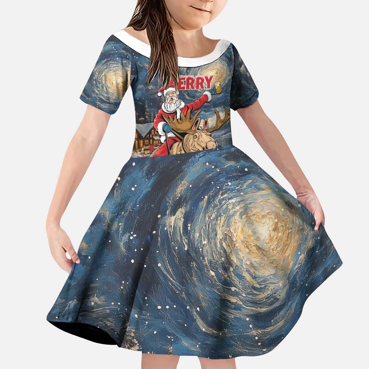 Personalized Merry Christmoose Kid Short Sleeve Dress Santa Claus Riding Moose Starry Night - Wonder Print Shop