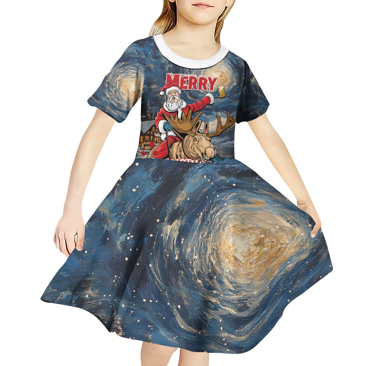 Personalized Merry Christmoose Kid Short Sleeve Dress Santa Claus Riding Moose Starry Night - Wonder Print Shop