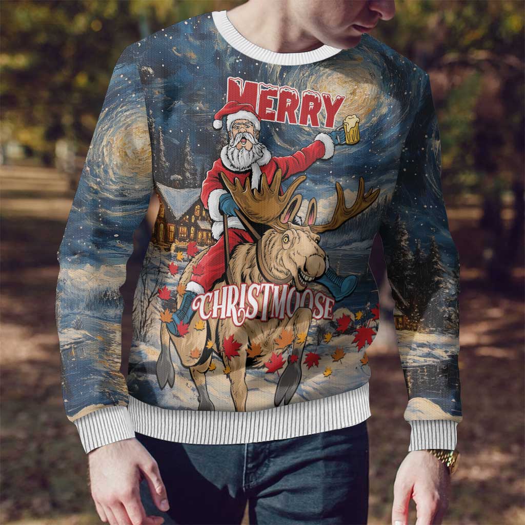 Merry Christmoose Ugly Christmas Sweater Santa Claus Riding Moose Starry Night - Wonder Print Shop