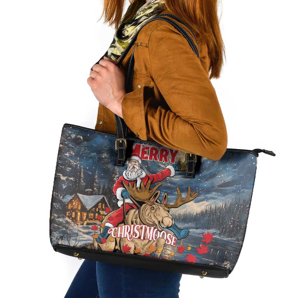 Merry Christmoose Leather Tote Bag Santa Claus Riding Moose Starry Night - Wonder Print Shop