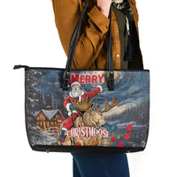 Merry Christmoose Leather Tote Bag Santa Claus Riding Moose Starry Night - Wonder Print Shop