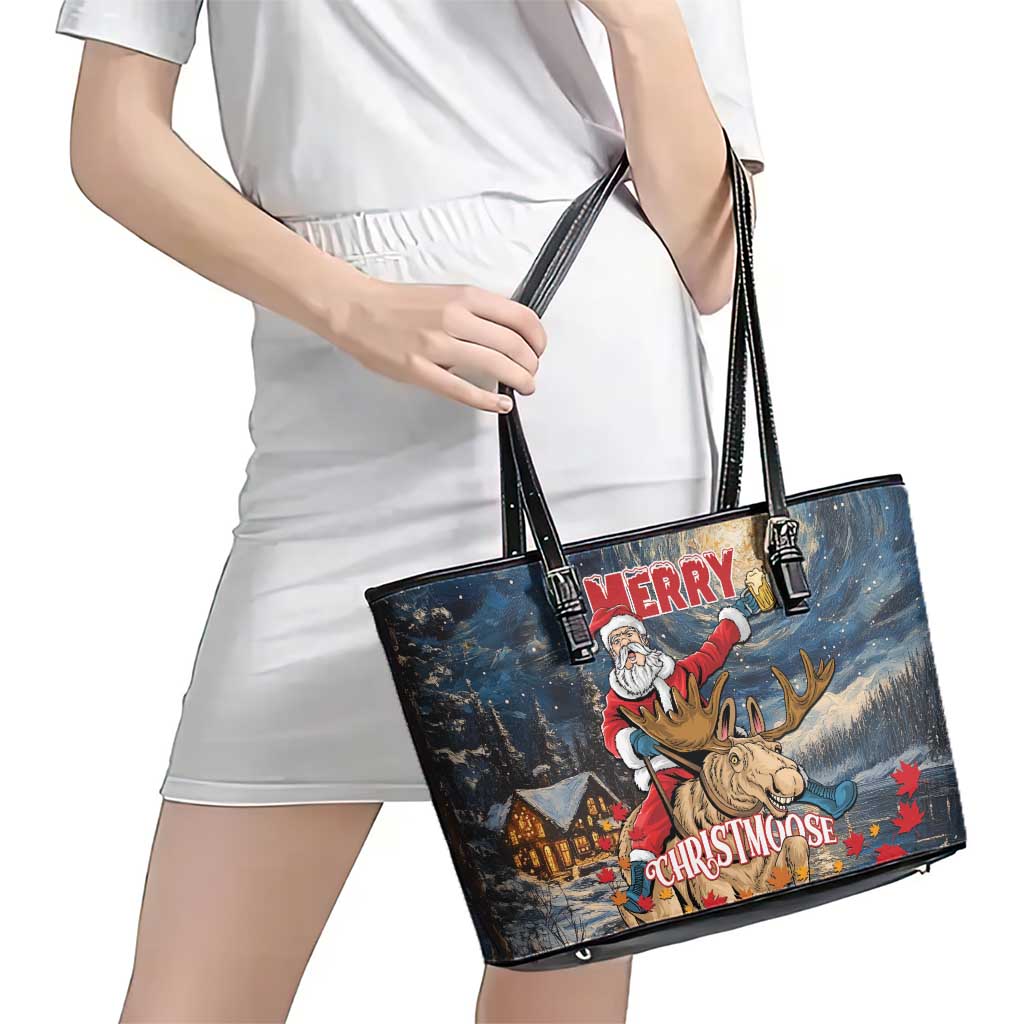 Merry Christmoose Leather Tote Bag Santa Claus Riding Moose Starry Night - Wonder Print Shop