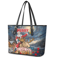 Merry Christmoose Leather Tote Bag Santa Claus Riding Moose Starry Night - Wonder Print Shop
