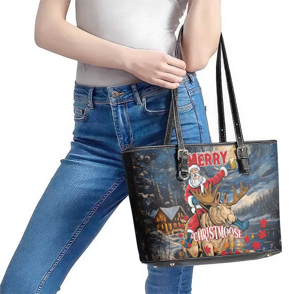 Merry Christmoose Leather Tote Bag Santa Claus Riding Moose Starry Night - Wonder Print Shop