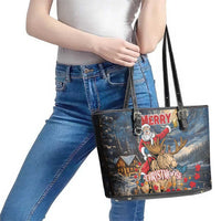 Merry Christmoose Leather Tote Bag Santa Claus Riding Moose Starry Night - Wonder Print Shop