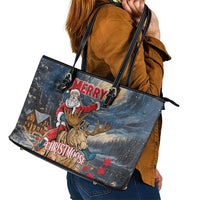 Merry Christmoose Leather Tote Bag Santa Claus Riding Moose Starry Night - Wonder Print Shop