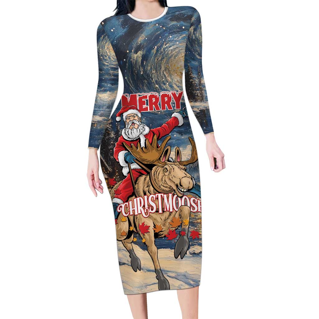 Personalized Merry Christmoose Long Sleeve Bodycon Dress Santa Claus Riding Moose Starry Night - Wonder Print Shop