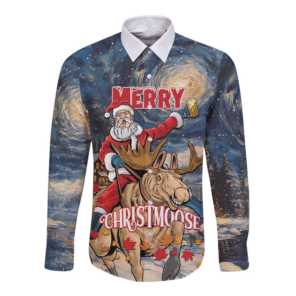 Personalized Merry Christmoose Long Sleeve Button Shirt Santa Claus Riding Moose Starry Night - Wonder Print Shop